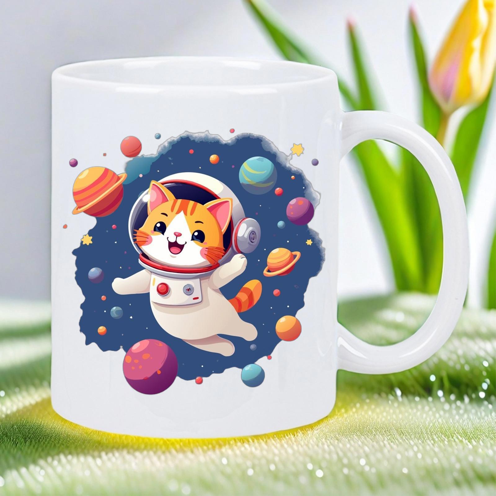 Tailorly White Ceramic 11 oz Mug - Charming Little Ginger Kitten Floating Through Deep Space Surrounded By Colorful Planets Astronaut Cat