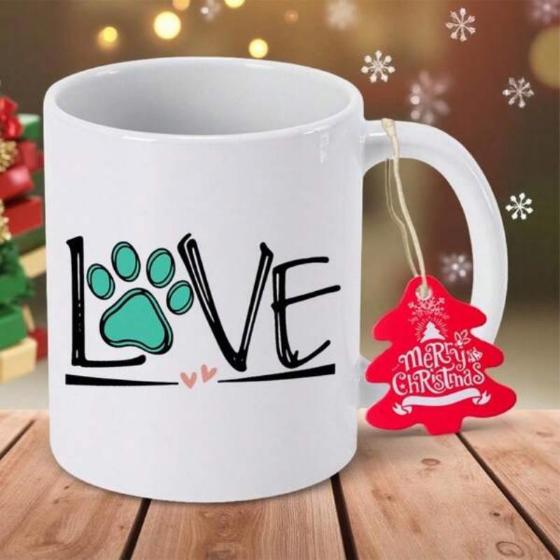 Tailorly White Ceramic 11 oz Mug - Love Artistic Hand Drawn Lettering Featuring A Teal Animal Paw Print Paw