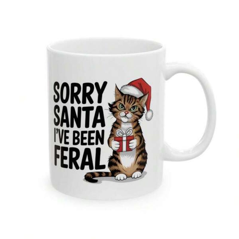 Tailorly White Ceramic 11 oz Mug - Sorry Santa Ive Been Feral Festive Brown Striped Tabby Wearing Red Santa Hat Holding Small Present Cat
