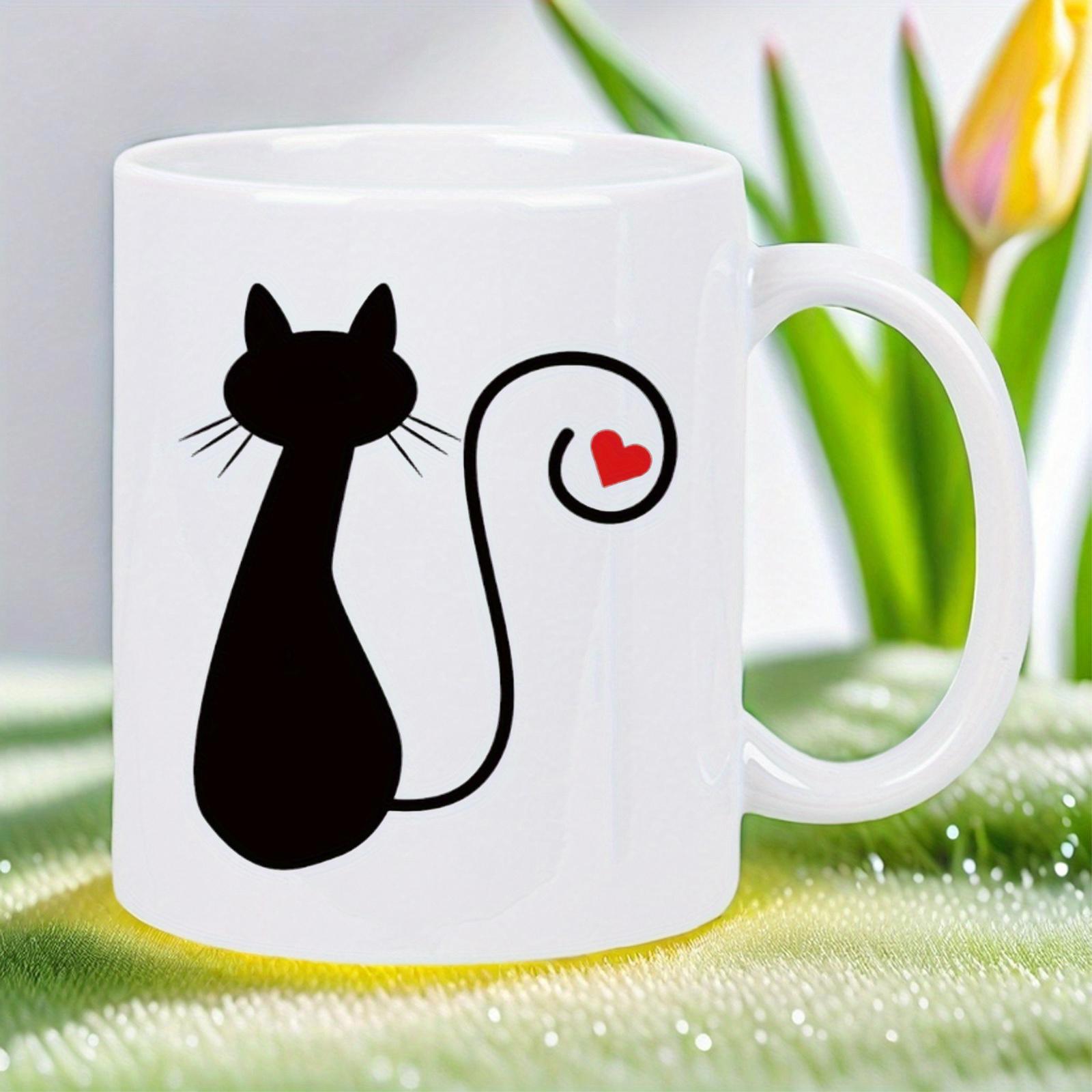 Tailorly White Ceramic 11 oz Mug - Minimalist Black Silhouette With Curled Tail Holding A Small Red Heart Cat
