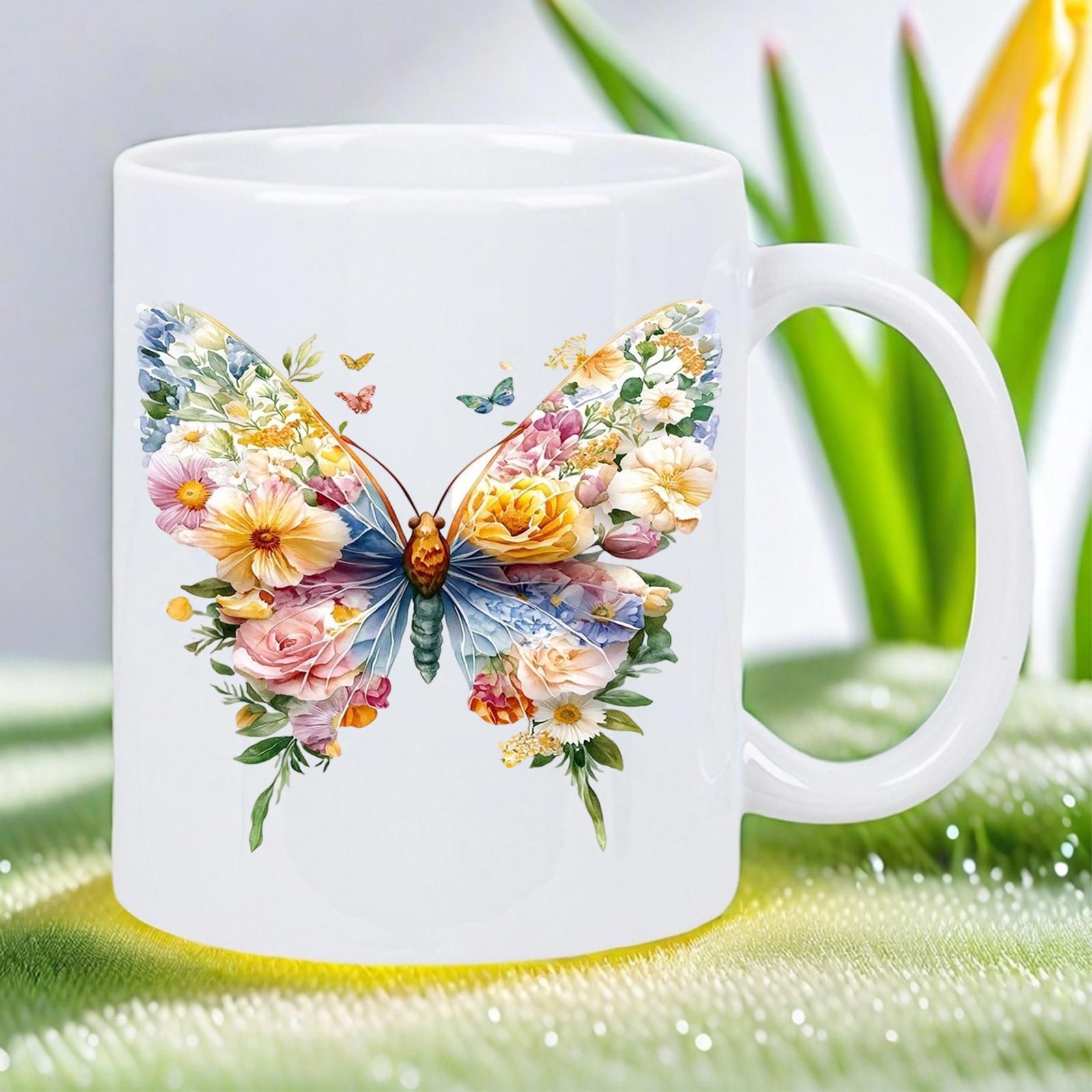 Tailorly White Ceramic 11 oz Mug - Elegant Blooming Garden Flowers Forming A Vibrant Delicate Nature Butterfly