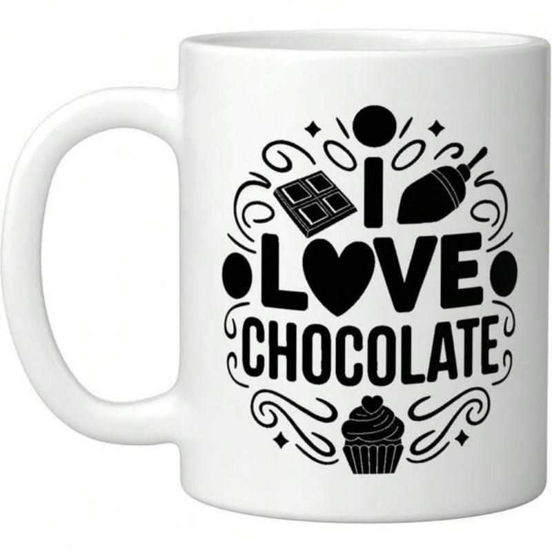 Tailorly White Ceramic 11 oz Mug - I Love Chocolate Decorative Swirls Featuring Sweet Cupcake And Classic Heart Chocolate