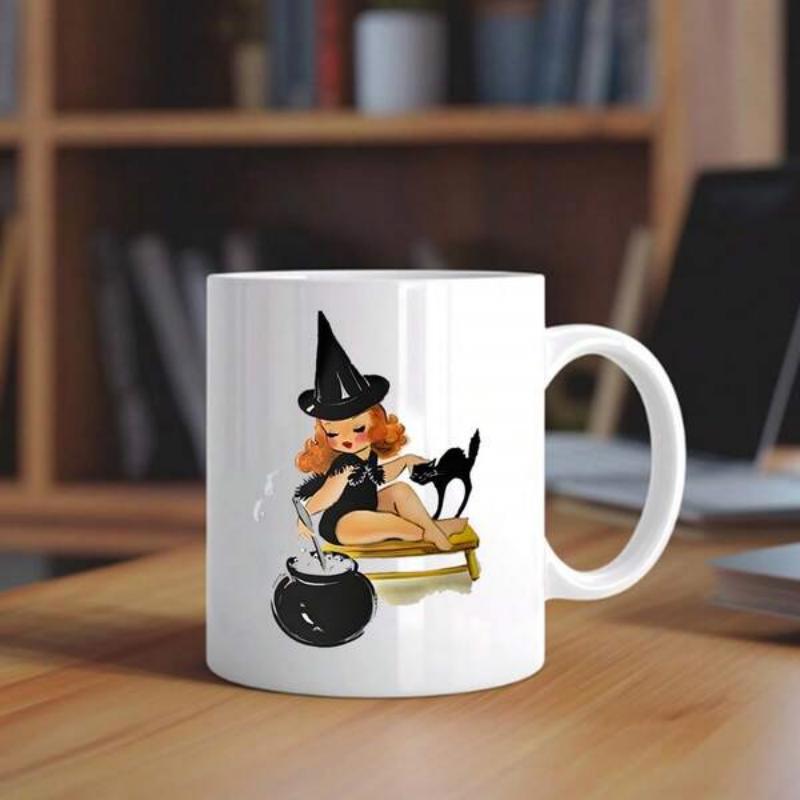Tailorly White Ceramic 11 oz Mug - Little Ginger Hair Girl Stirring A Magical Black Bubbling Cauldron Witch