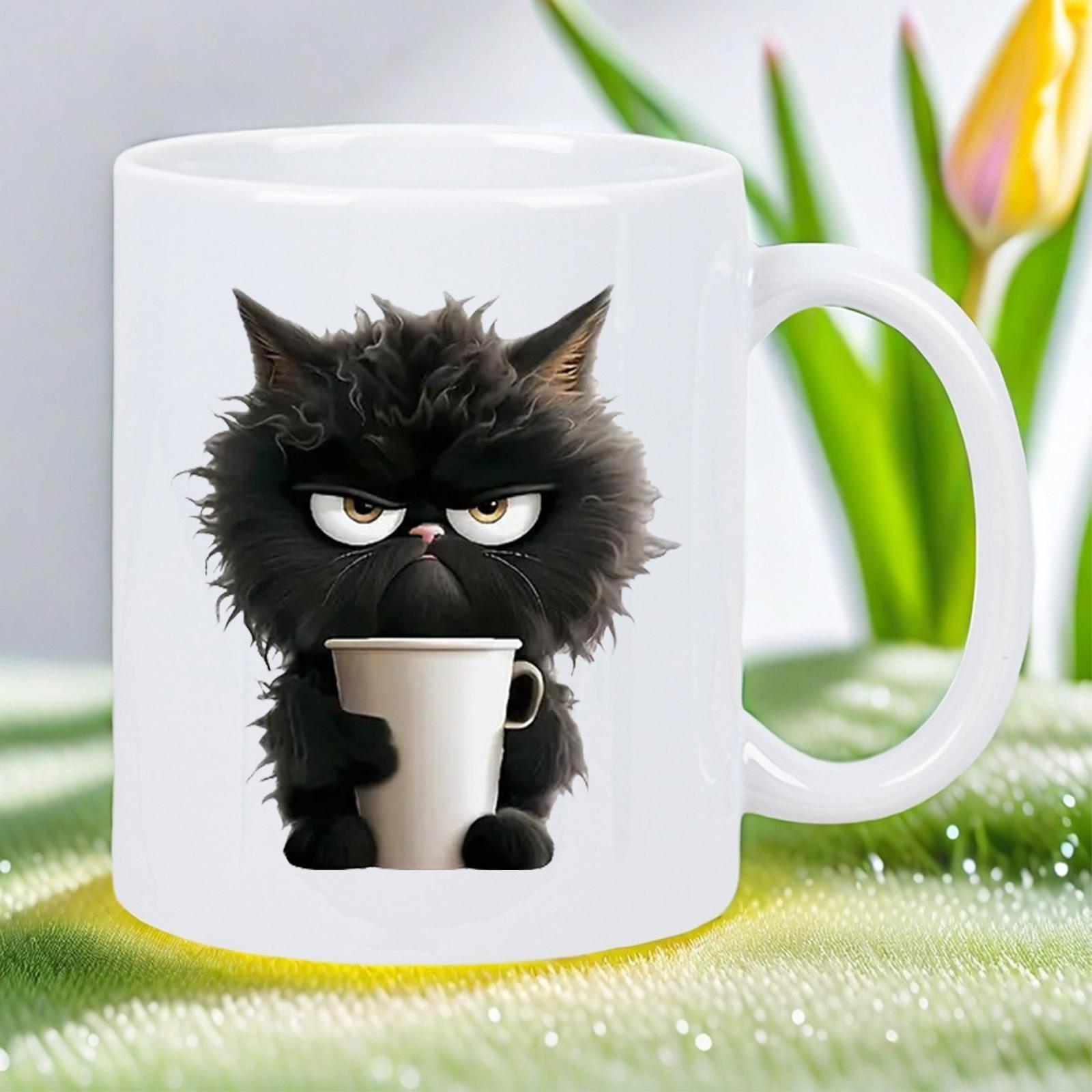 Tailorly White Ceramic 11 oz Mug - Grumpy Fluffy Black Kitten Holding A White Coffee Cup In Paws Cat