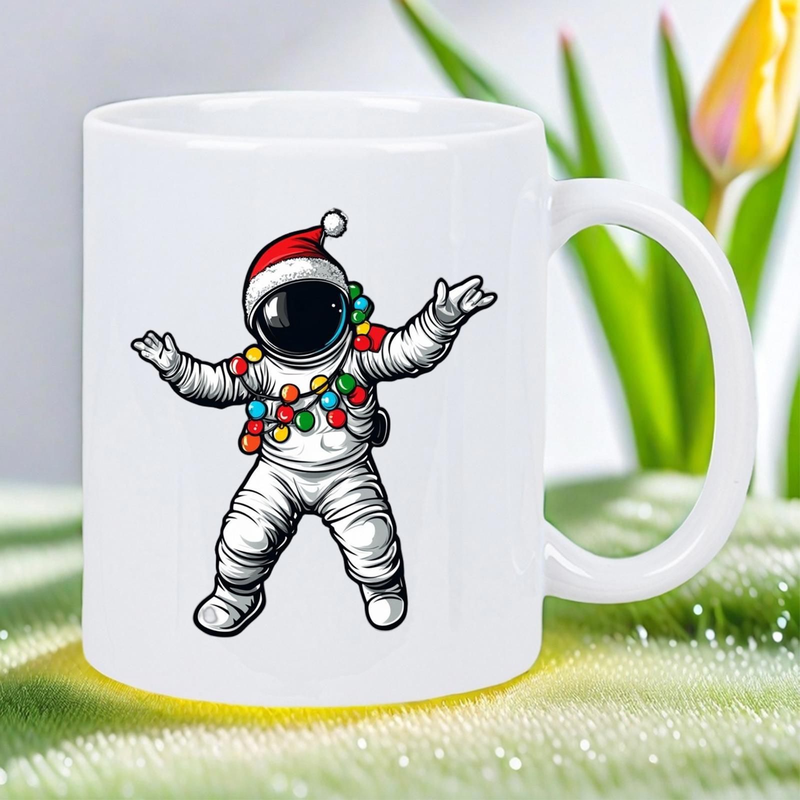 Tailorly White Ceramic 11 oz Mug - Festive Spaceman Wearing Santa Hat Wrapped In Colorful Twinkling Christmas Lights Astronaut