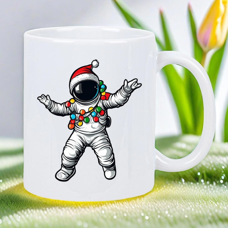Tailorly White Ceramic 11 oz Mug - Festive Spaceman Wearing Santa Hat Wrapped In Colorful Twinkling Christmas Lights Astronaut