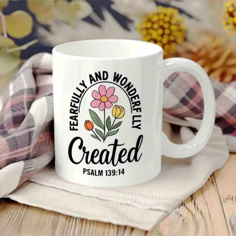 Tailorly White Ceramic 11 oz Mug - Fearfully And Wonderfully Created Psalm 139 14 Elegant Colorful Blooming Garden Blossoms With Green Leaves And Delicate Petals