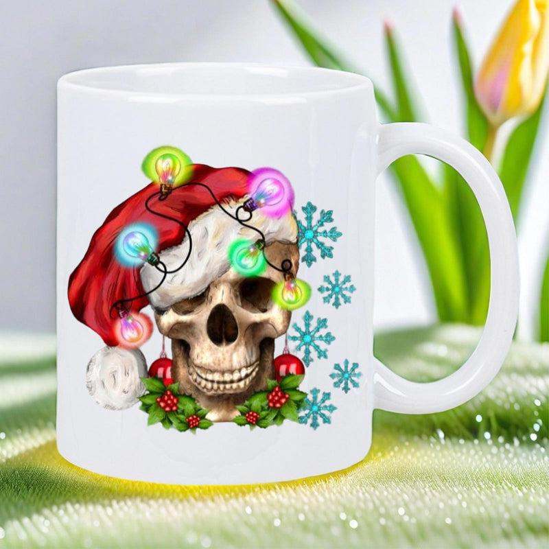 Tailorly White Ceramic 11 oz Mug - Festive Christmas Hat With Glowing Colorful Lights And Winter Snowflakes Skull
