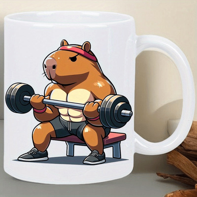 Tailorly White Ceramic 11 oz Mug - Strong Muscular Brown Animal Lifting Heavy Weight Barbell In A Gym Capybara