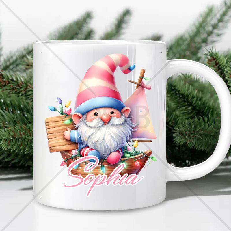 Tailorly White Ceramic 11 oz Mug - Sophia Festive Holiday Character Sitting In A Small Wooden Sailboat Gnome