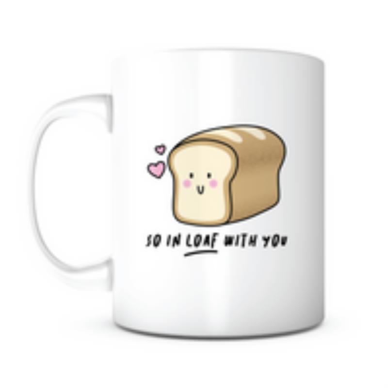 Tailorly White Ceramic 11 oz Mug - So In Loaf With You Cute Smiling Sliced Bread Character Floating With Small Pink Hearts Loaf