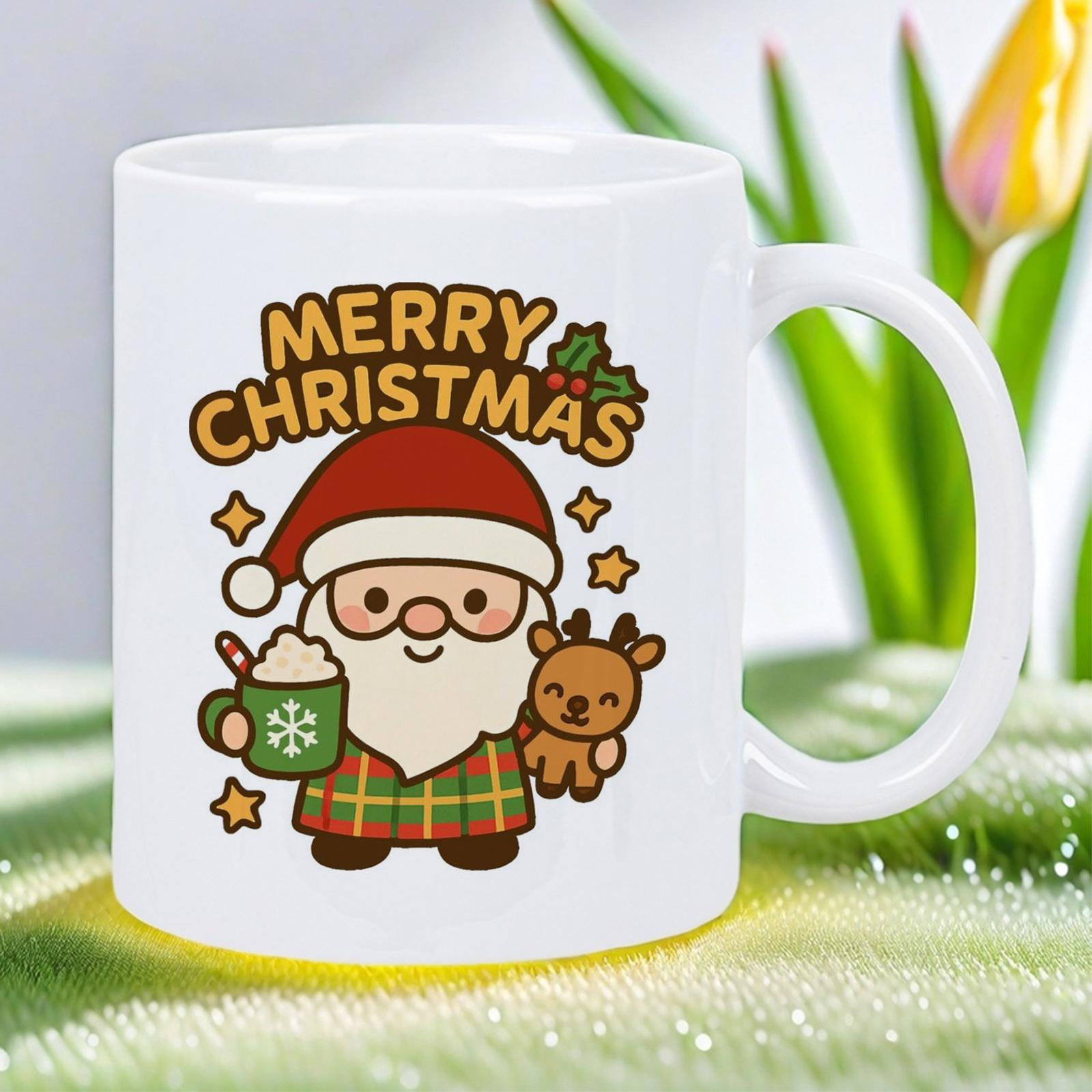 Tailorly White Ceramic 11 oz Mug - Merry Christmas Adorable Festive Character Holding Small Reindeer And Cup Under Stars Santa