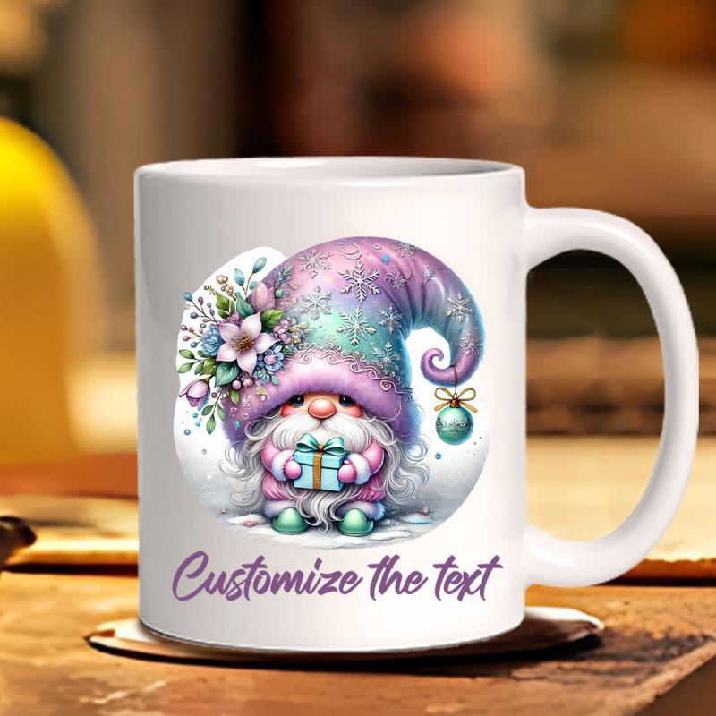 Tailorly White Ceramic 11 oz Mug - Customize The Text Adorable Pastel Purple Creature Holding A Small Gift Box With Flowers Gnome