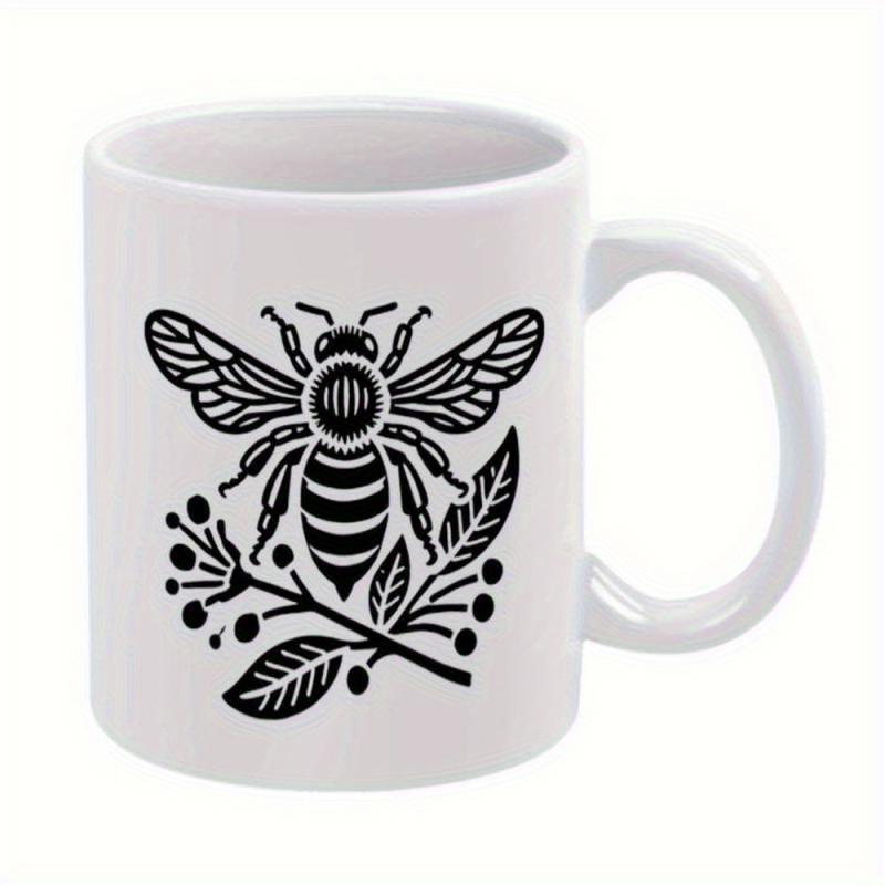 Tailorly White Ceramic 11 oz Mug - Detailed Vintage Linocut Illustration Of A Honeybee On A Floral Branch Bee
