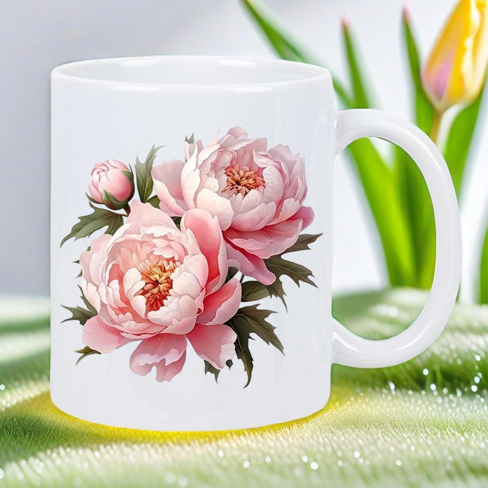Tailorly White Ceramic 11 oz Mug - Graceful Pink Peony Blossoms With Elegant Green Leaves In Full Bloom Flower