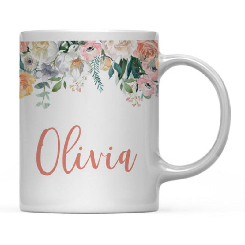 Tailorly White Ceramic 11 oz Mug - Olivia Elegant Watercolor Blossoms Among Soft Green Garden Leaves Flower