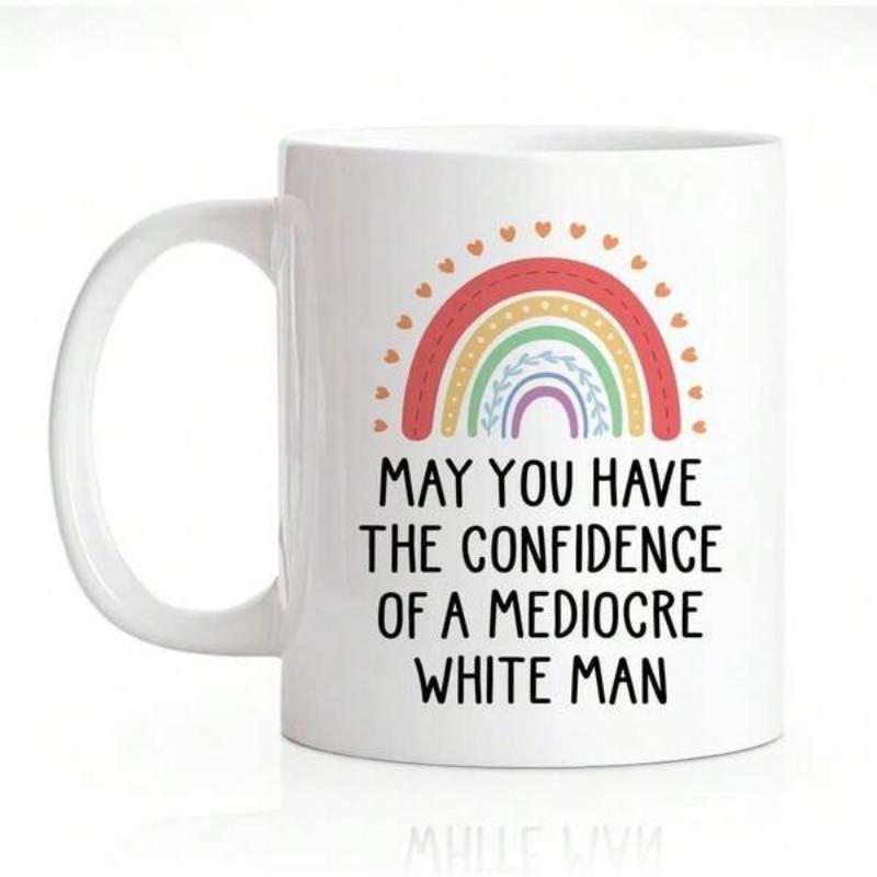 Tailorly White Ceramic 11 oz Mug - May You Have The Confidence Of A Mediocre White Man Vibrant Colorful Pastel Arc With Small Dainty Hearts And Dots Rainbow