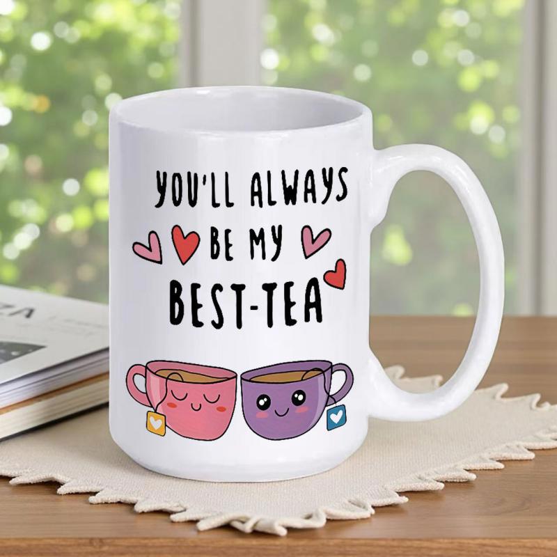 Tailorly White Ceramic 11 oz Mug - Youll Always Be My Best Tea Two Adorable Smiling Cartoon Cups Surrounded By Small Red Hearts Teacups