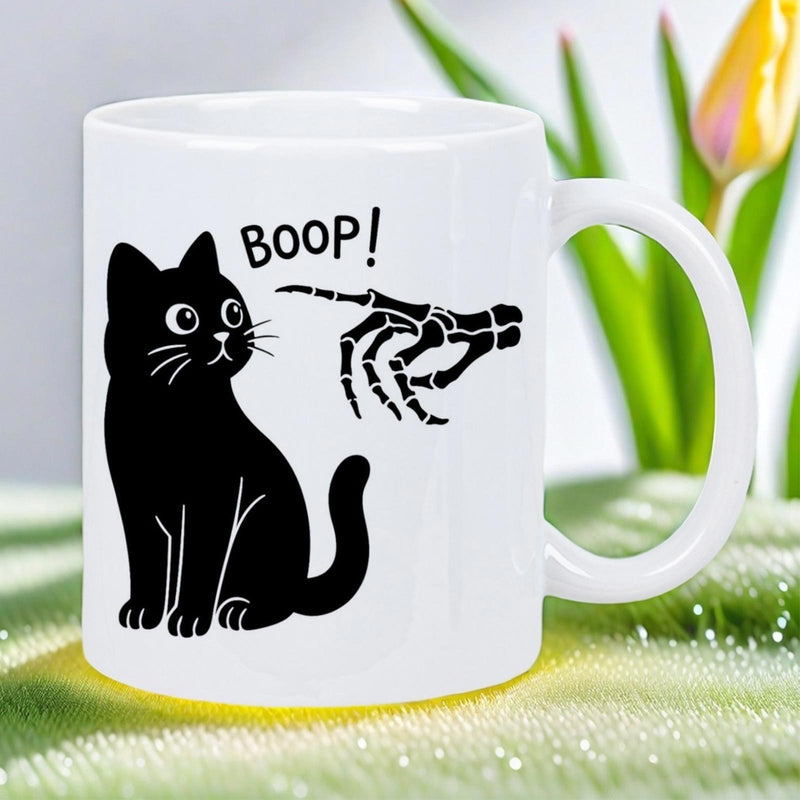 Tailorly White Ceramic 11 oz Mug - Boop Playful Black Kitten Touched By Mysterious Skeleton Finger In Minimalist Art Cat