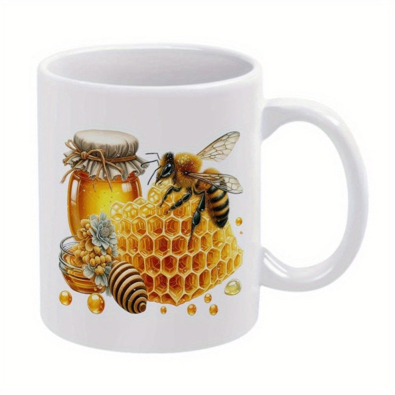 Tailorly White Ceramic 11 oz Mug - Realistic Honeybee Resting On Golden Honeycomb Next To A Sweet Jar Bee