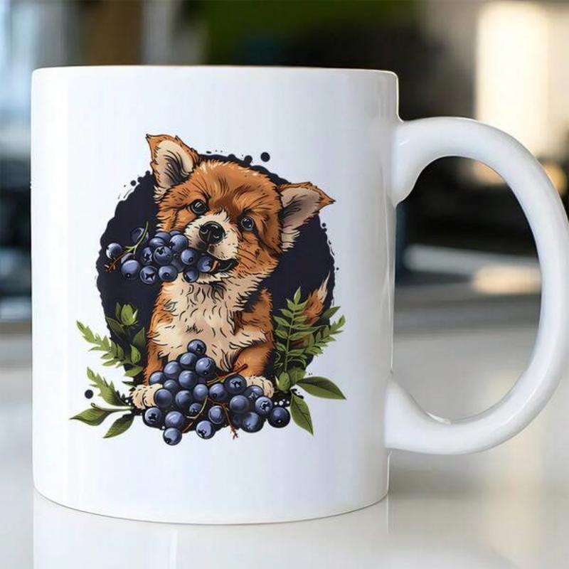 Tailorly White Ceramic 11 oz Mug - Adorable Fluffy Brown Puppy Holding Fresh Purple Grapes Among Green Forest Leaves Dog