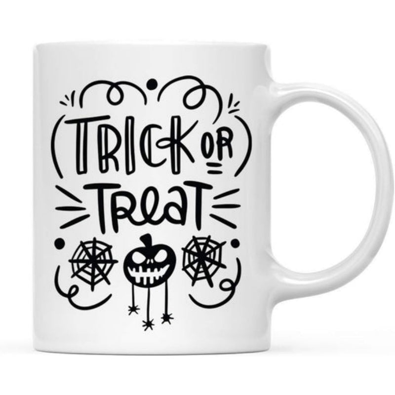 Tailorly White Ceramic 11 oz Mug - Trick Or Treat Spooky Halloween Pumpkin With Spiders And Webs Decorative Mug