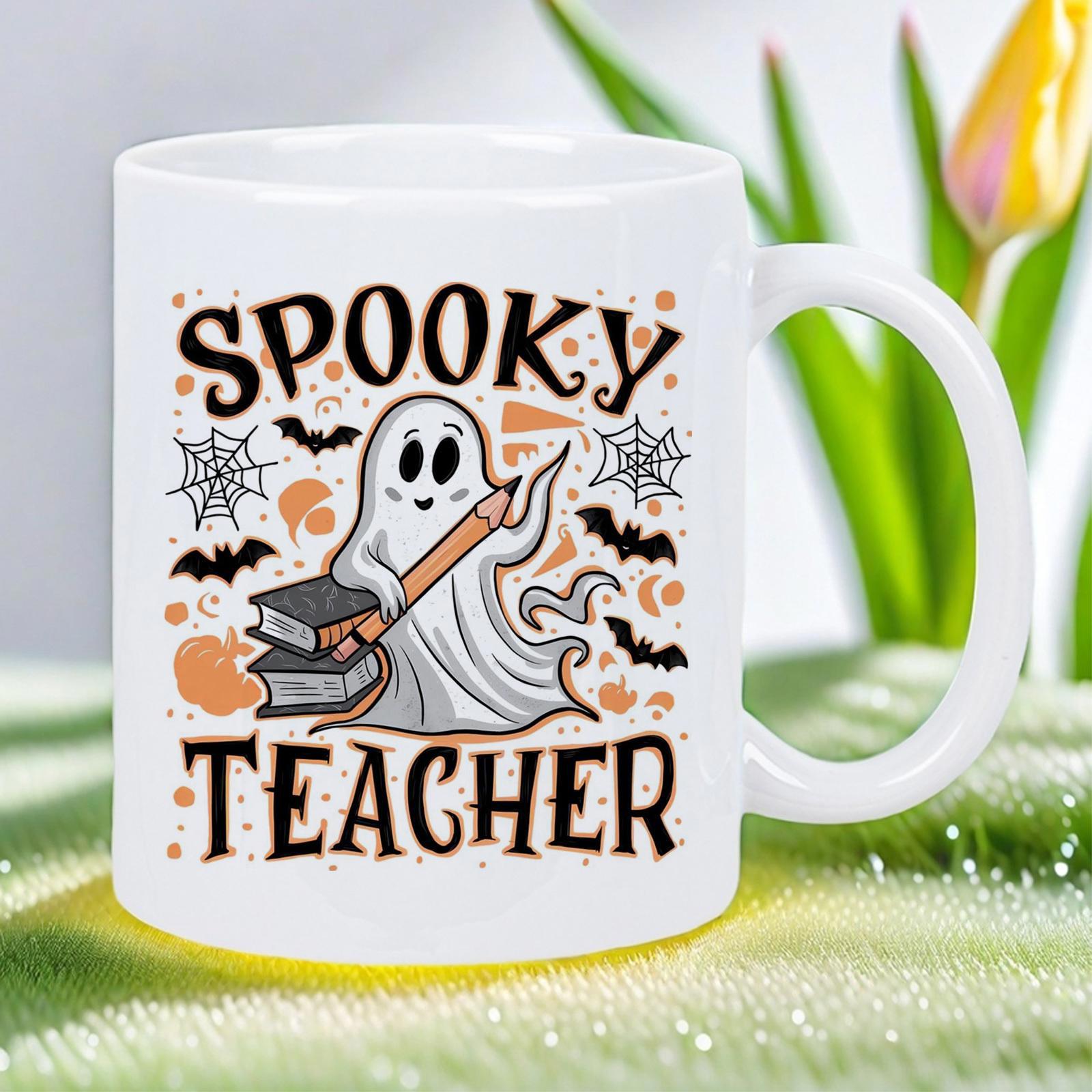 Tailorly White Ceramic 11 oz Mug - Spooky Teacher Playful Cartoon Spirit Carrying School Books And Pencil Beside Floating Bats Ghost