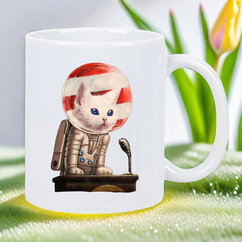 Tailorly White Ceramic 11 oz Mug - Adorable White Kitten Wearing Detailed Space Suit Behind Wooden Desk Cat
