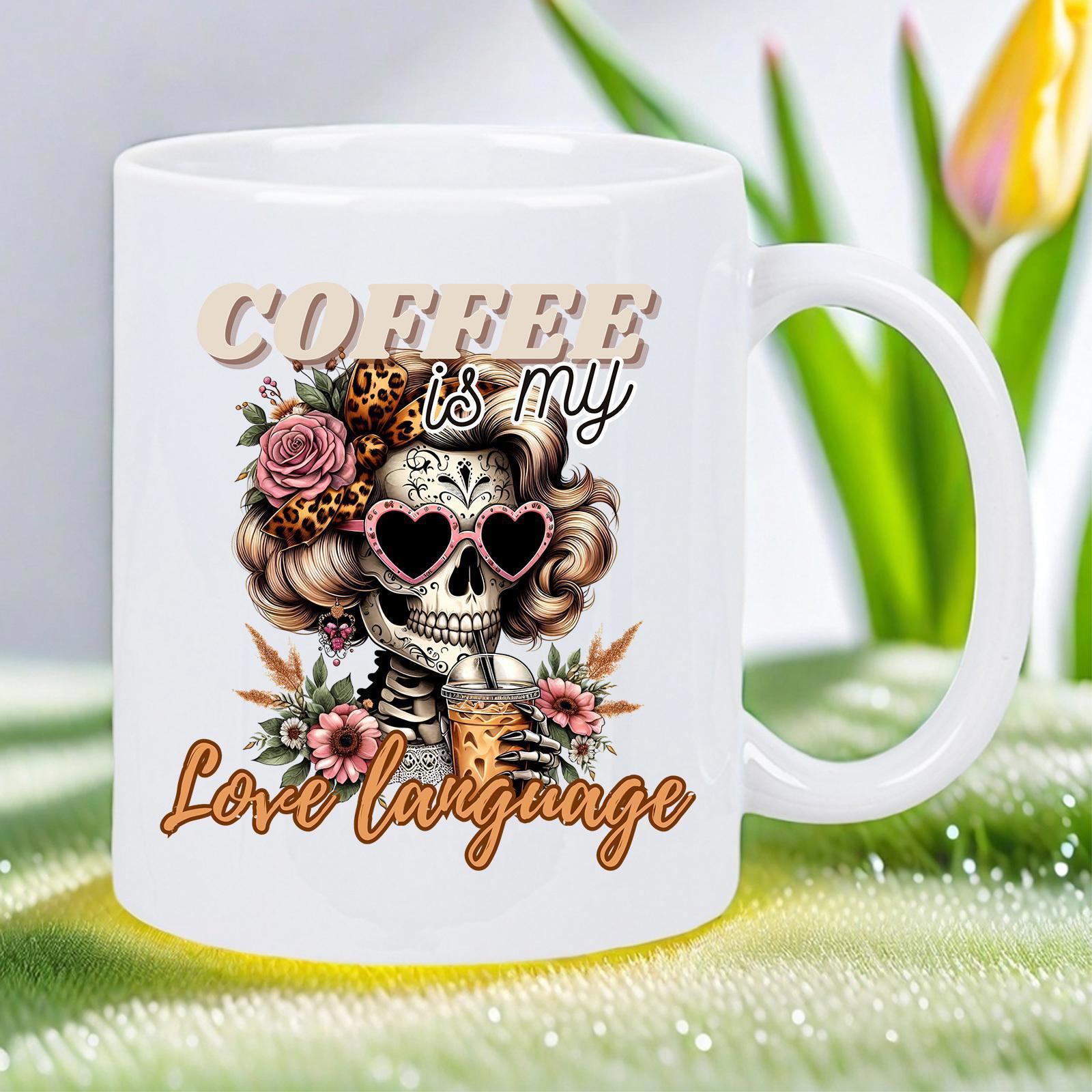 Tailorly White Ceramic 11 oz Mug - Coffee Is My Love Language Artistic Skeleton Wearing Heart Sunglasses With Leopard Print And Floral Accents Skeleton