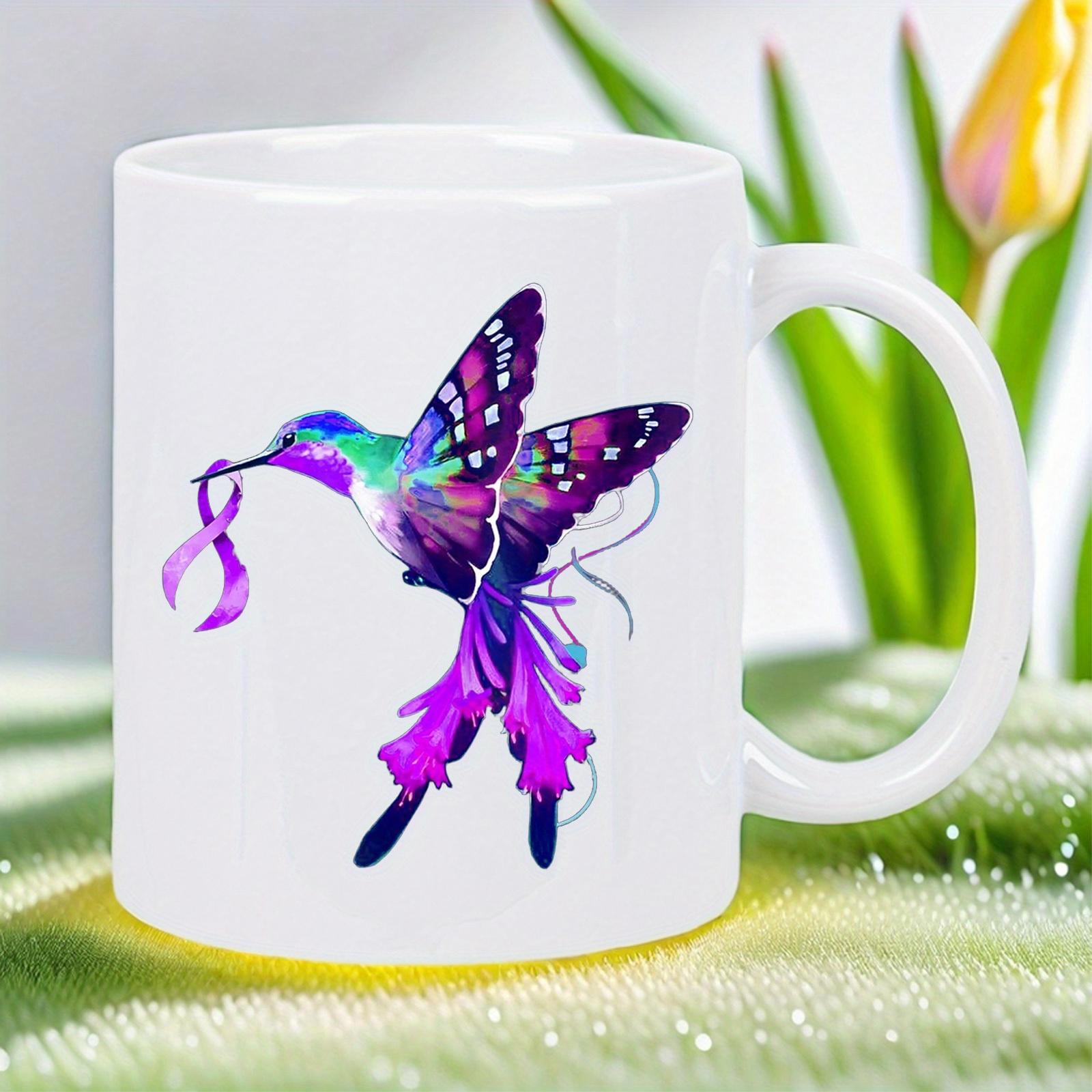 Tailorly White Ceramic 11 oz Mug - Vibrant Purple Carrying Awareness Ribbon In Flight With Colorful Wings Hummingbird