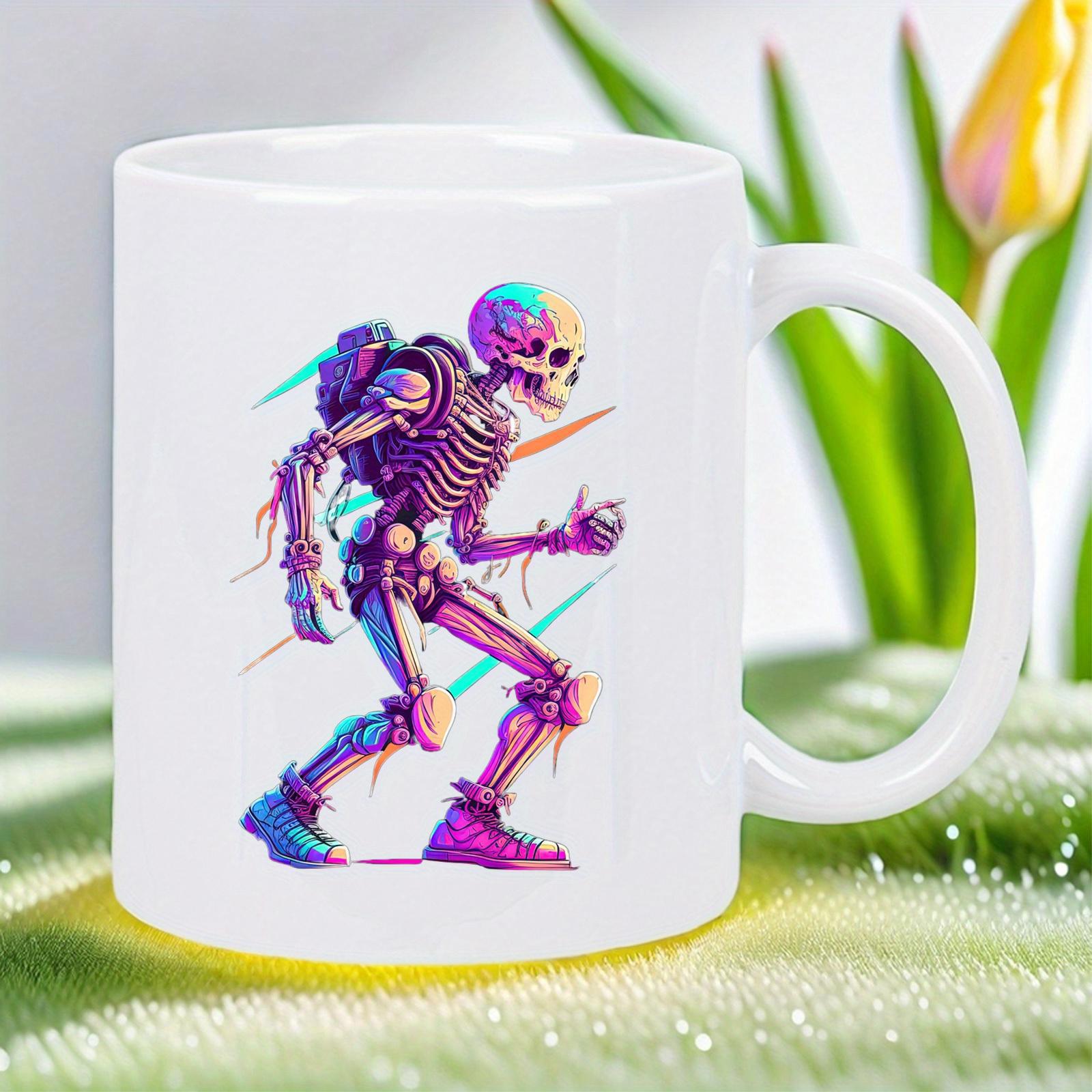 Tailorly White Ceramic 11 oz Mug - Vibrant Artistic Motion With Colorful Glowing Neon Digital Streaks Walking Skeleton