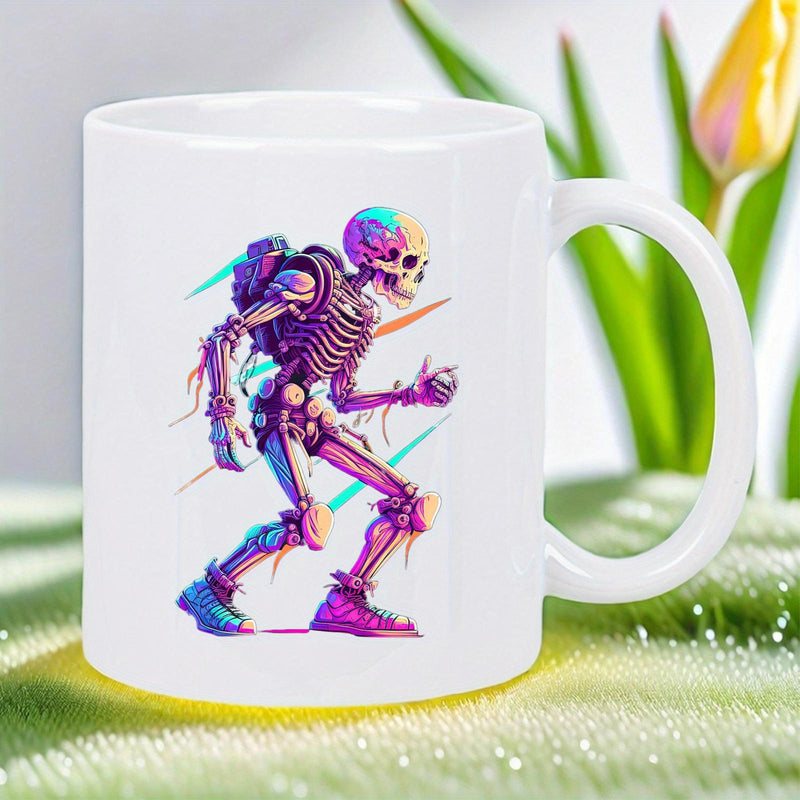 Tailorly White Ceramic 11 oz Mug - Vibrant Artistic Motion With Colorful Glowing Neon Digital Streaks Walking Skeleton