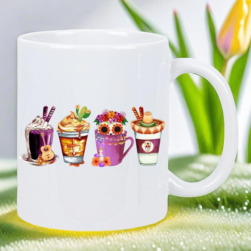 Tailorly White Ceramic 11 oz Mug - Festive Day Of The Dead Elements Featuring Colorful Sugar Skull Flowers Drink
