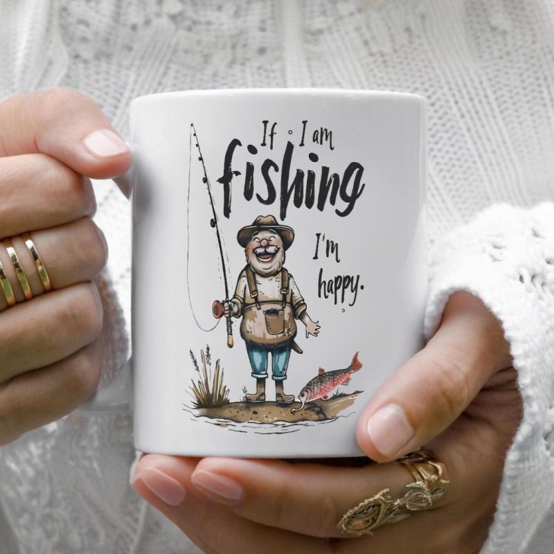 Tailorly White Ceramic 11 oz Mug - If I Am Fishing I Am Happy Cartoonish Figure Holding Rod Next To Small Jumping Fish Fisherman