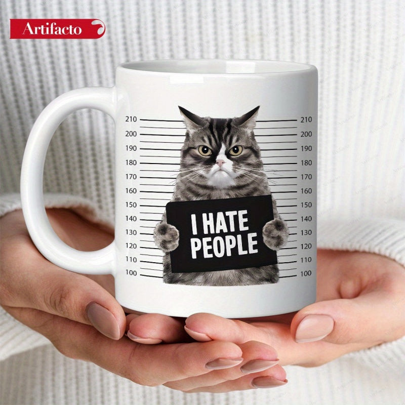 Tailorly White Ceramic 11 oz Mug - I Hate People Grumpy Tabby Cat Standing Against Police Mugshot Height Chart Background Cat