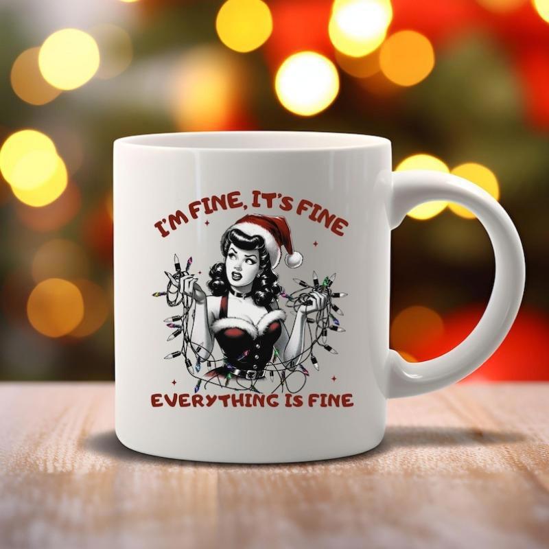 Tailorly White Ceramic 11 oz Mug - I'm Fine It's Fine Everything Is Fine Vintage Retro Pin Up Wearing Santa Hat Tangled In Lights Woman