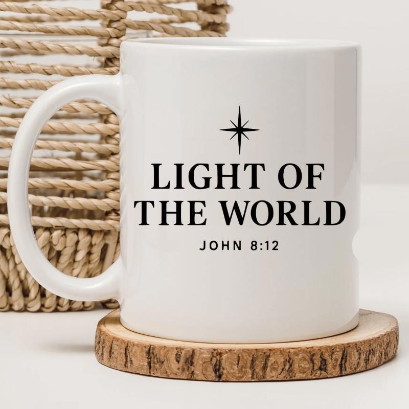 Tailorly White Ceramic 11 oz Mug - Light Of The World John 8 12 Minimalist Black Star Shining Brightly Over Inspirational Religious Scripture Quote Mug