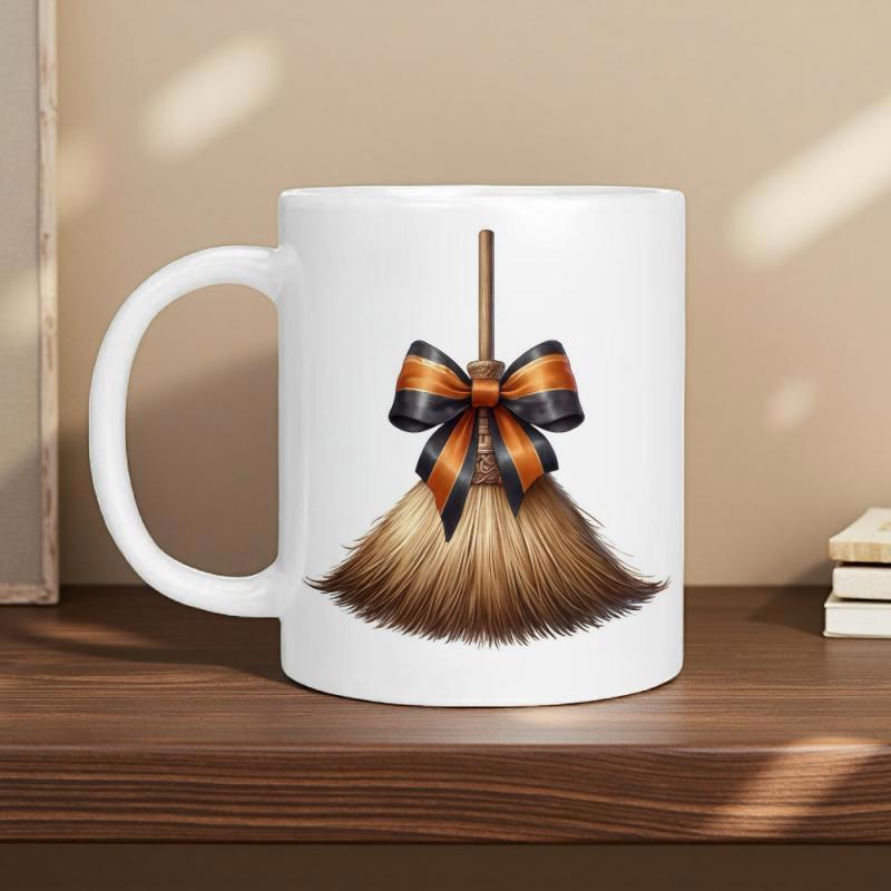 Tailorly White Ceramic 11 oz Mug - Witchcraft Style Wooden Handle With Orange And Black Striped Ribbon Broom