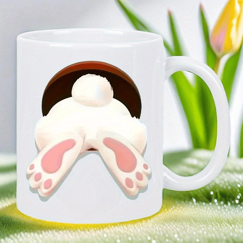 Tailorly White Ceramic 11 oz Mug - Cute White Fluffy Bunny Butt Entering Into A Small Dark Hole Bunny