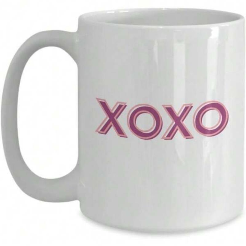 Tailorly White Ceramic 11 oz Mug - Xoxo Pink Layered Dimensional Letters Floating On Polished Mug