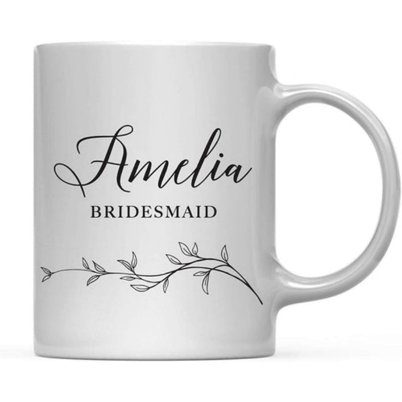 Tailorly White Ceramic 11 oz Mug - Amelia Bridesmaid Elegant Minimalist Black Line Drawing Featuring Delicate Leaves And Artistic Branch