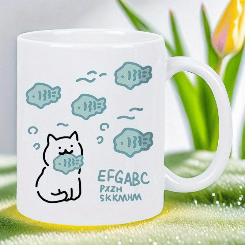 Tailorly White Ceramic 11 oz Mug - Efgabc Przh Skkmnm Minimalist White Cat Eating Fish Surrounded By Floating Blue Marine Life Cat