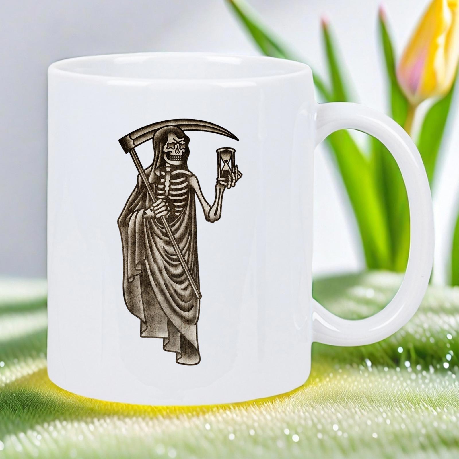 Tailorly White Ceramic 11 oz Mug - Cloaked Skeleton Holding A Sharp Scythe And Timeless Sand Filled Hourglass Reaper
