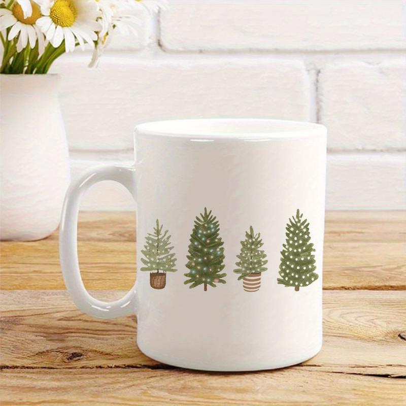 Tailorly White Ceramic 11 oz Mug - Rustic Evergreen Pine Trees Arranged In Row With Small Earthy Potted Bases Tree