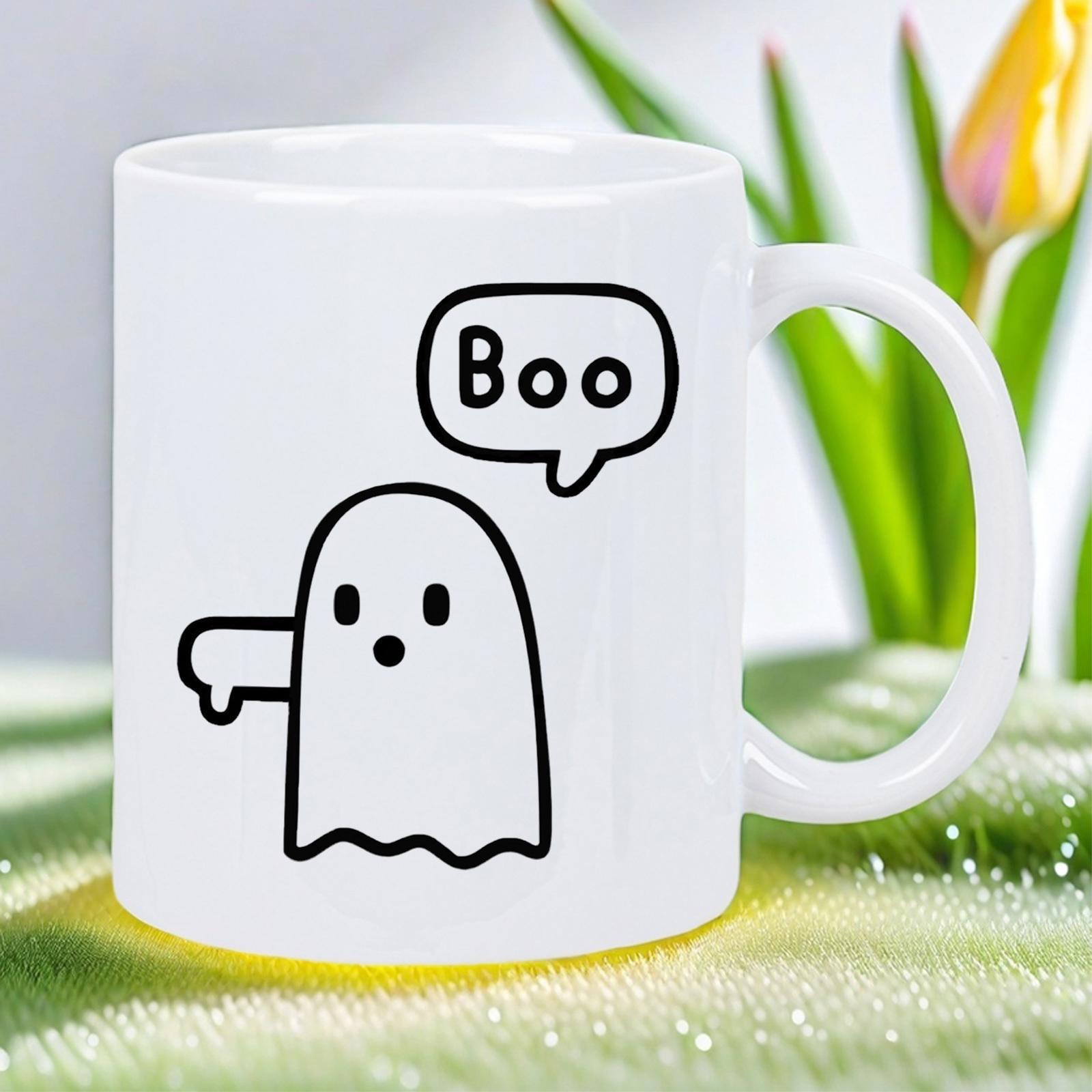 Tailorly White Ceramic 11 oz Mug - Boo Minimalist Line Art Cute Halloween Spirit Holding A Thumb Down Ghost