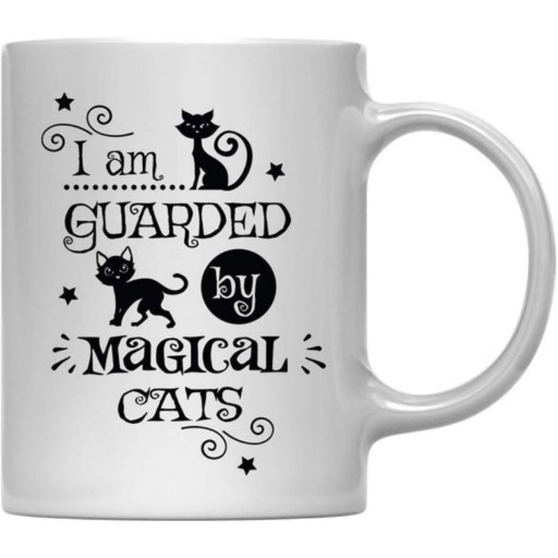 Tailorly White Ceramic 11 oz Mug - I Am Guarded By Magical Cats Charming Black Silhouette With Twinkling Stars And Decorative Swirls Cat