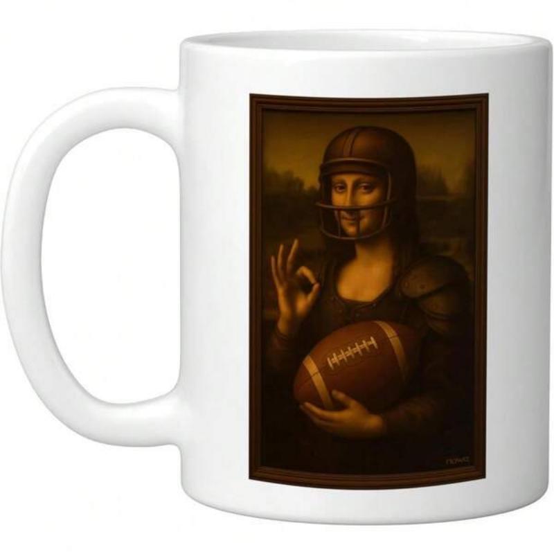 Tailorly White Ceramic 11 oz Mug - Classic Renaissance Lady Wearing American Football Helmet Holding Brown Leather Ball Mona Lisa