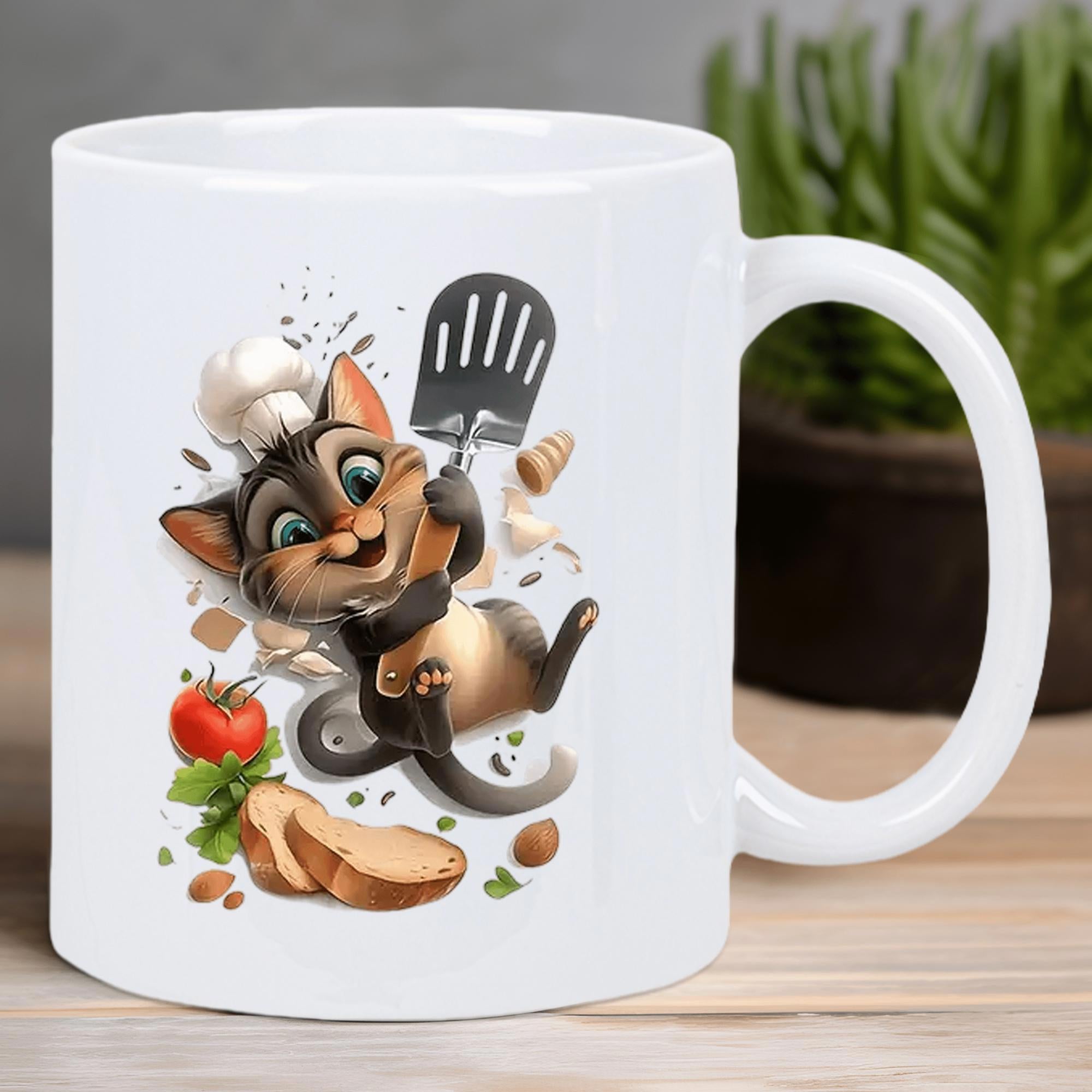 Tailorly White Ceramic 11 oz Mug - Playful Cartoon Chef Wearing White Hat Holding Spatula Near Fresh Ingredients Cat