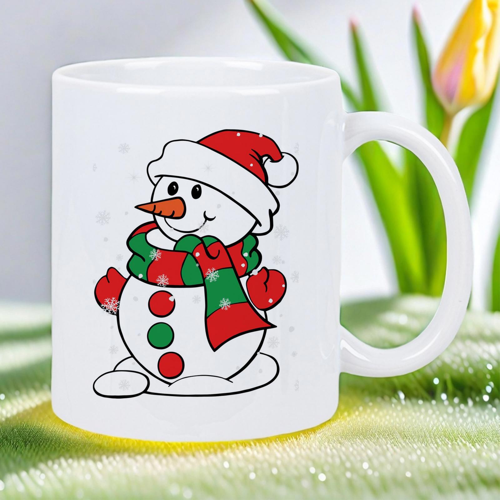 Tailorly White Ceramic 11 oz Mug - Jolly Winter Figure Wearing Red Santa Hat And Striped Scarf Snowman