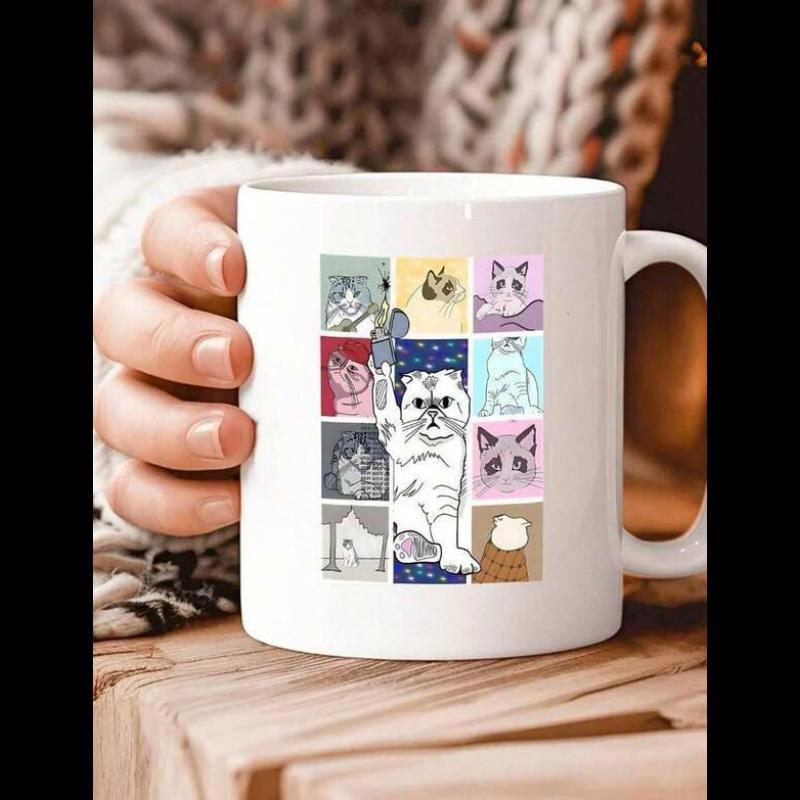 Tailorly White Ceramic 11 oz Mug - Artistic Grid Panels Featuring Colorful Illustrations Of Many Different Breeds Cat